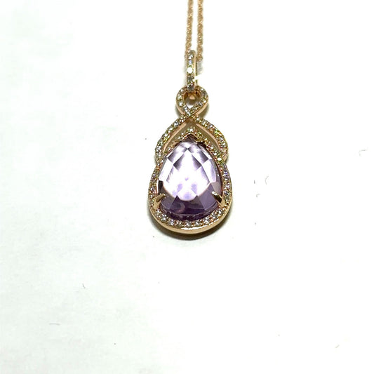 Rose Gold Pear Shaped Amethyst and Diamond Pendant