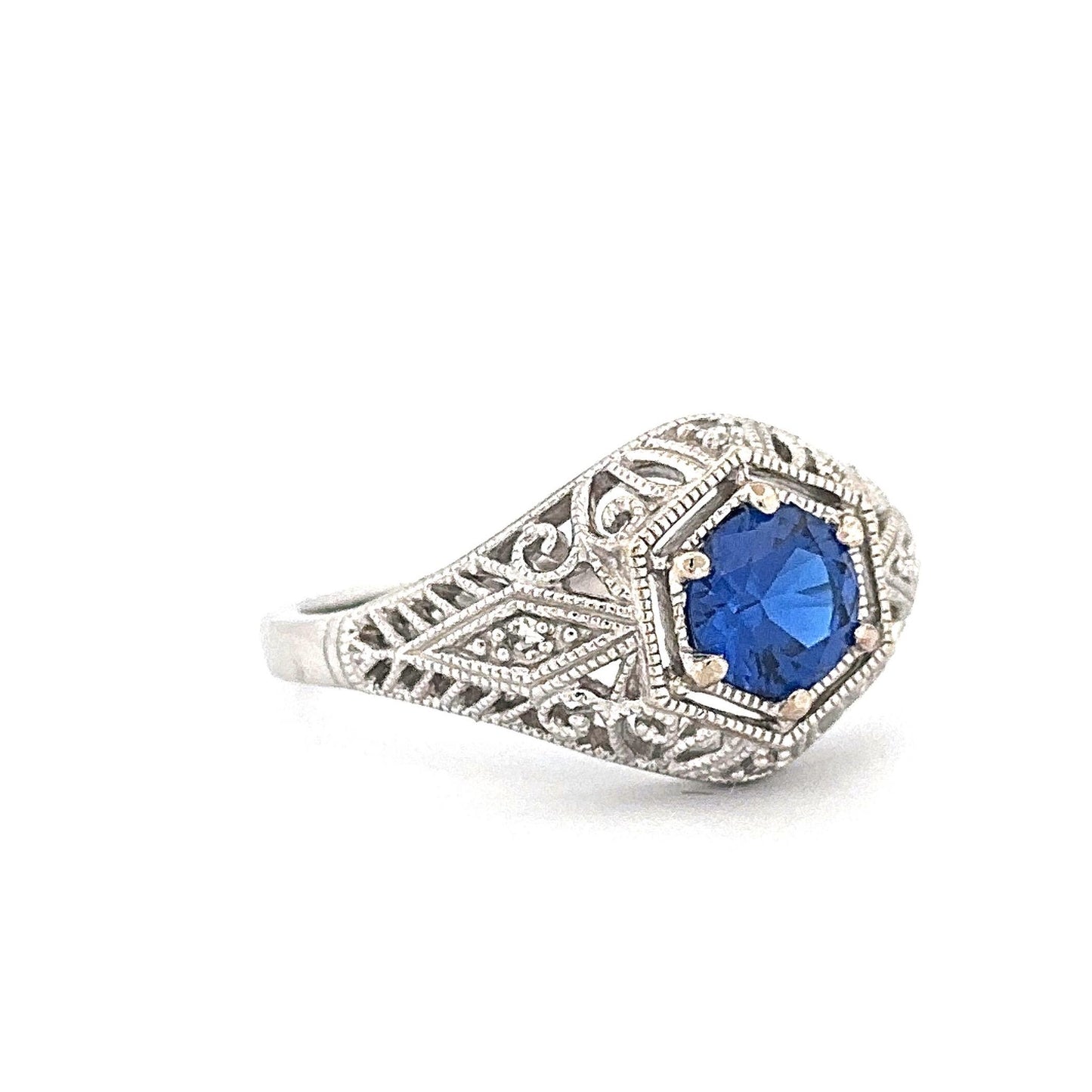 White Gold Vintage-Inspired Synthetic Sapphire Ring