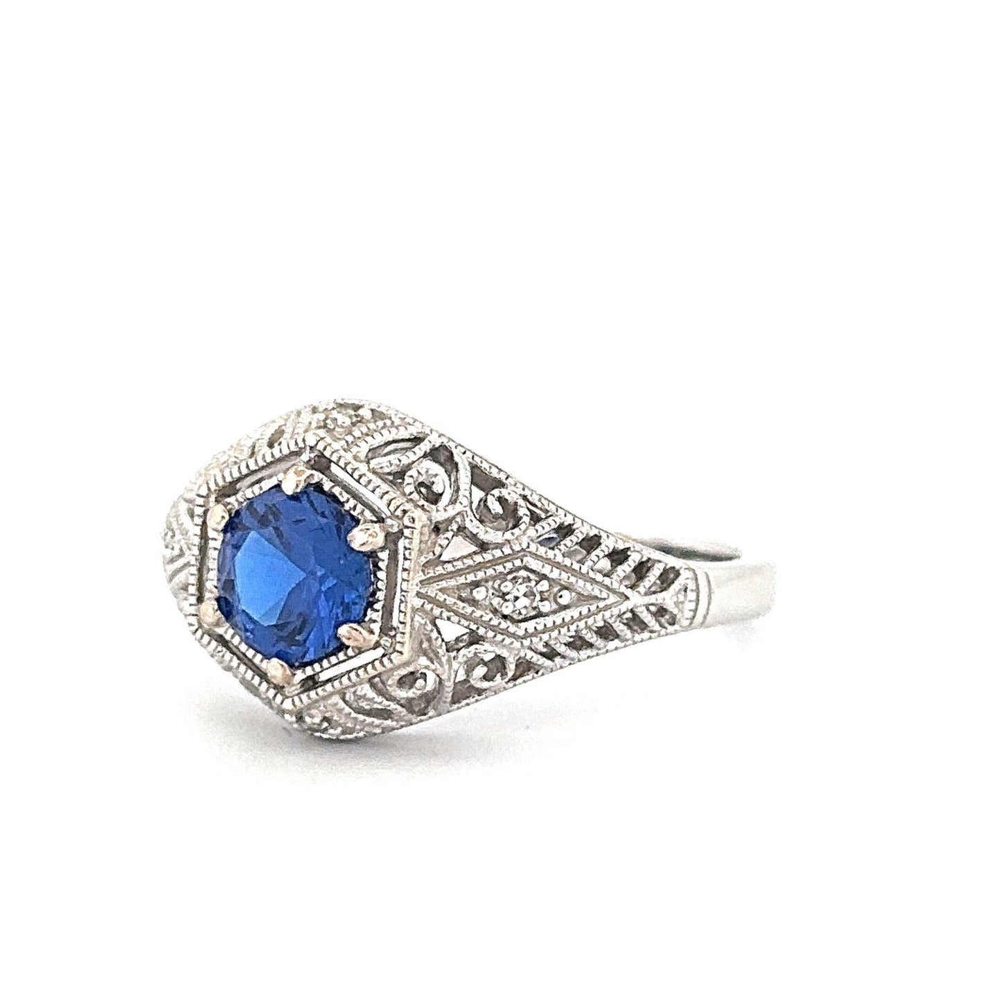 White Gold Vintage-Inspired Synthetic Sapphire Ring