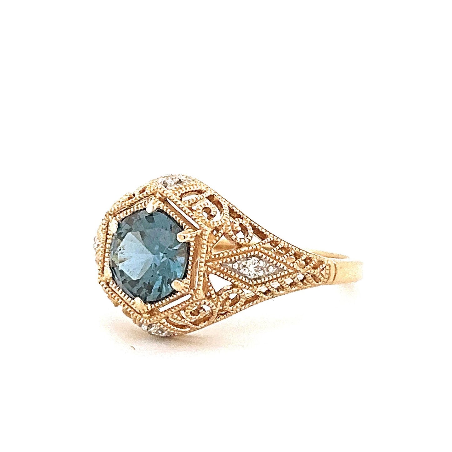 Yellow Gold Vintage-Inspired Synthetic Sapphire Ring