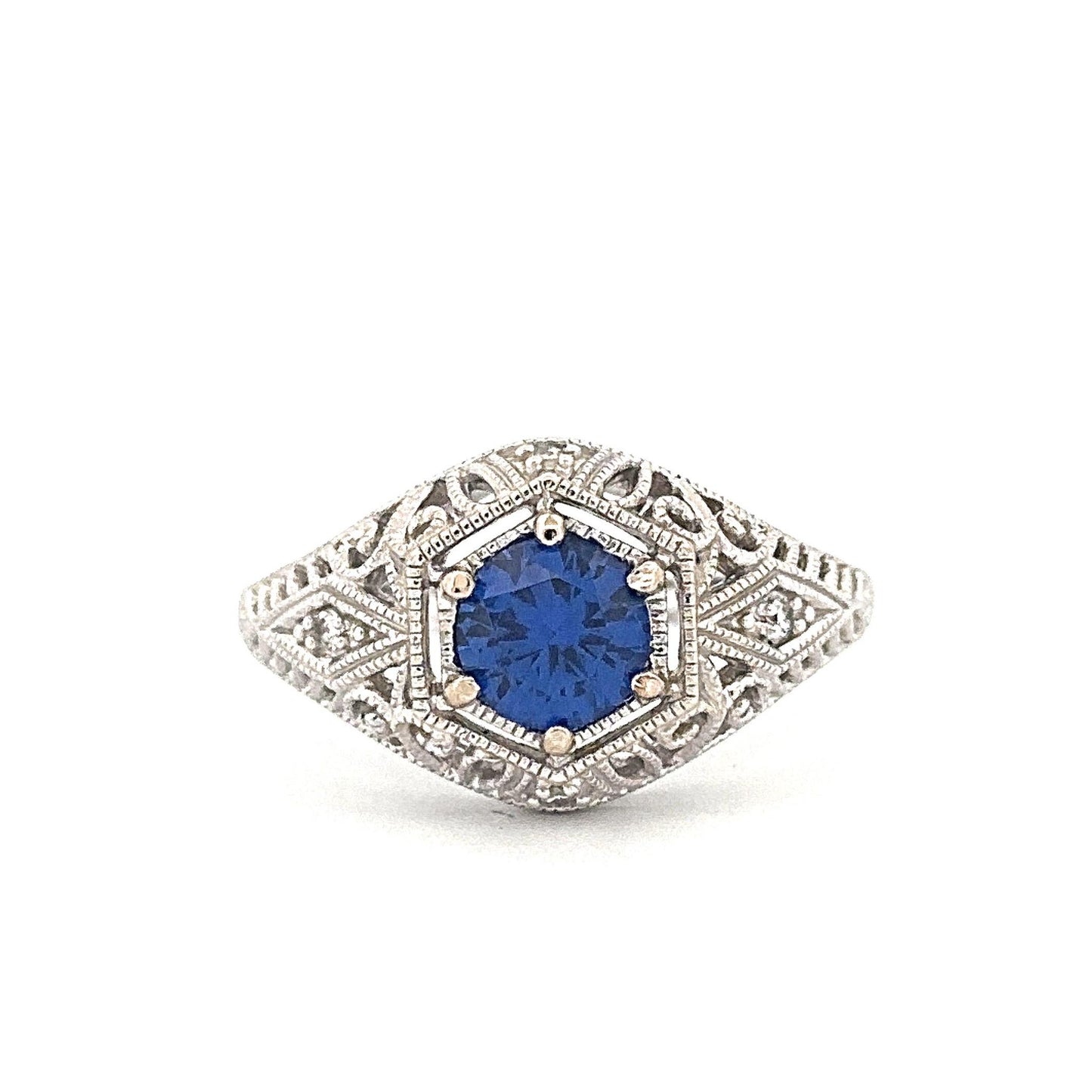 White Gold Vintage-Inspired Synthetic Sapphire Ring