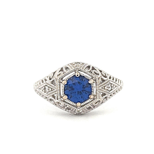 White Gold Vintage-Inspired Synthetic Sapphire Ring