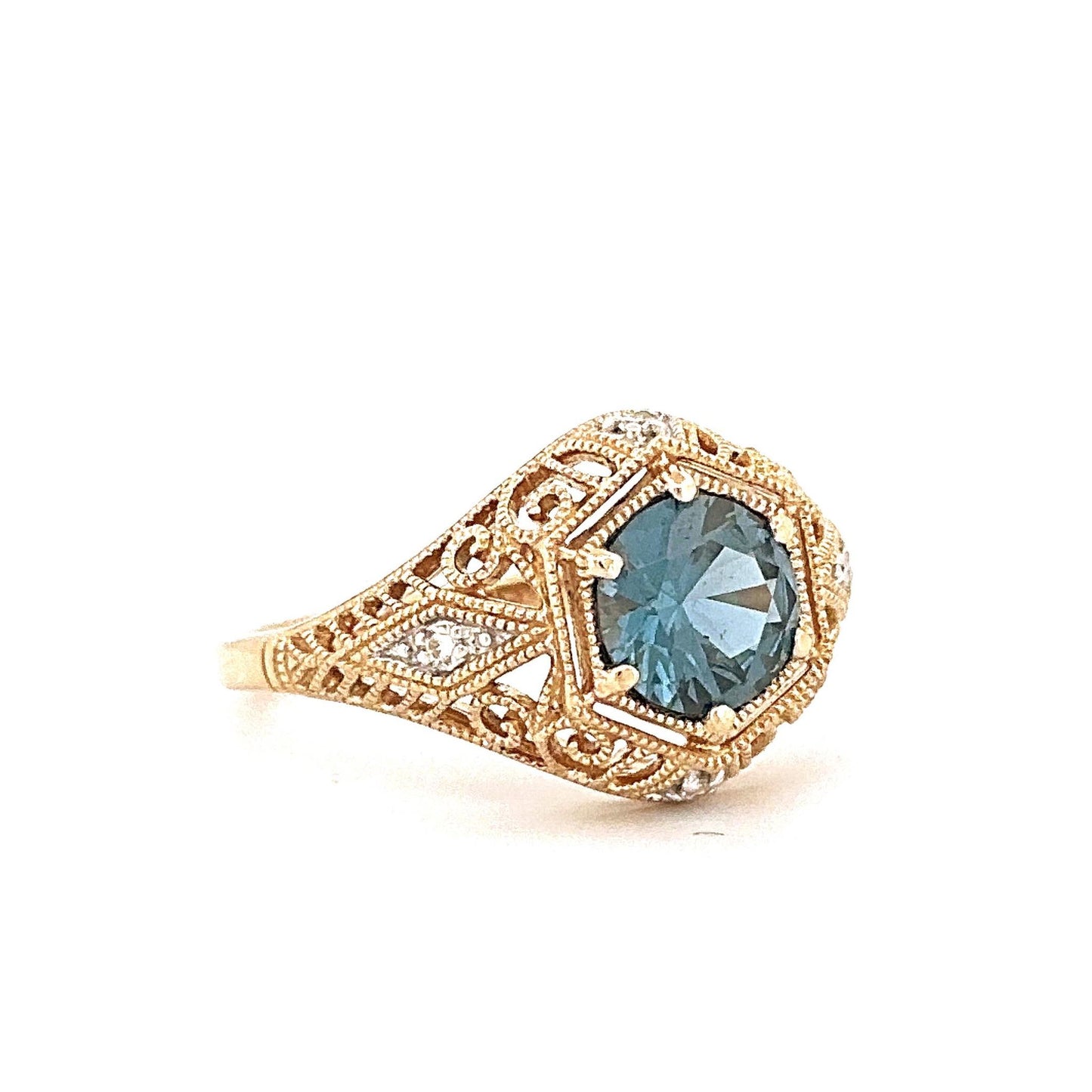 Yellow Gold Vintage-Inspired Synthetic Sapphire Ring