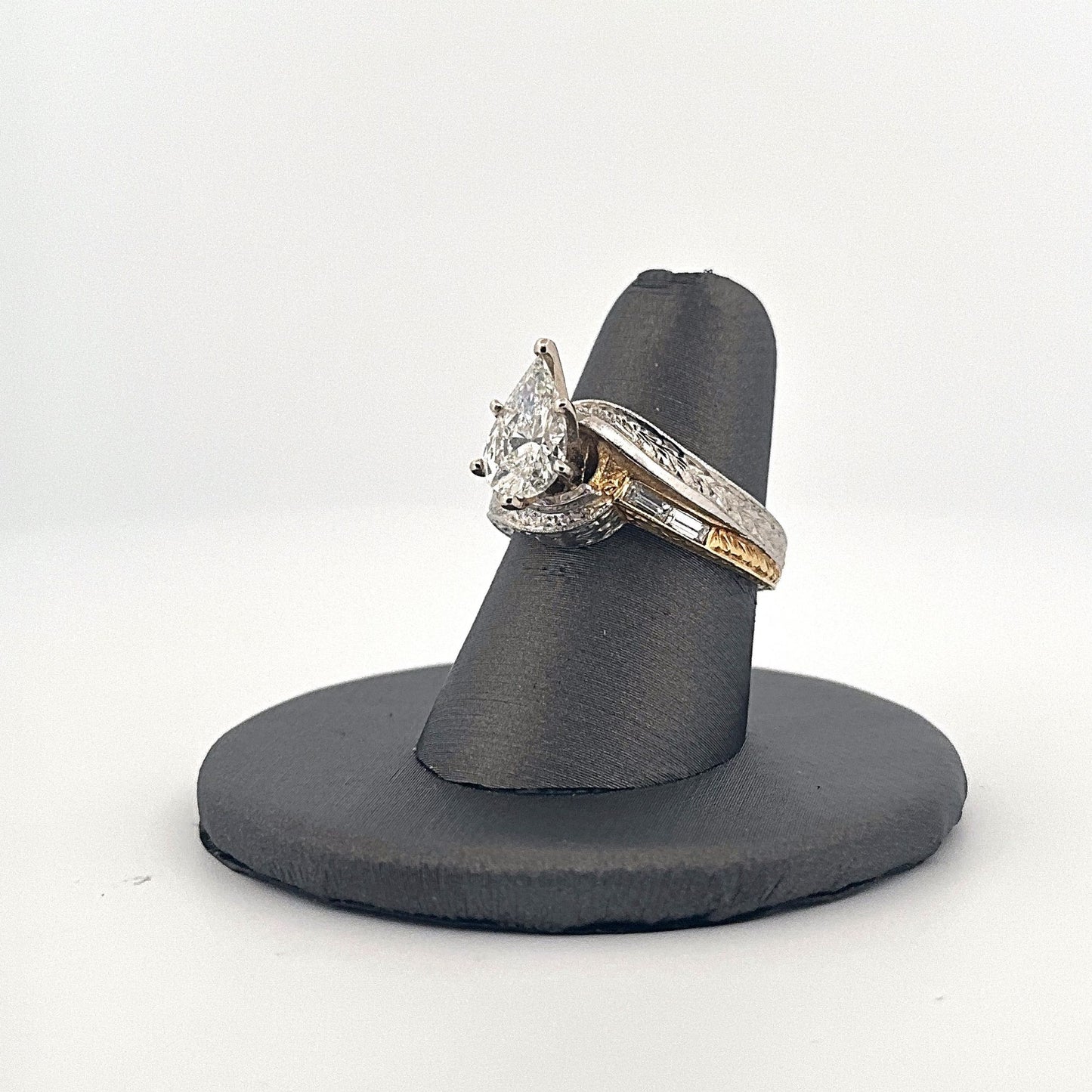 Two Tone Platinum and Yellow Gold Pear Shaped Diamond Engagement Ring