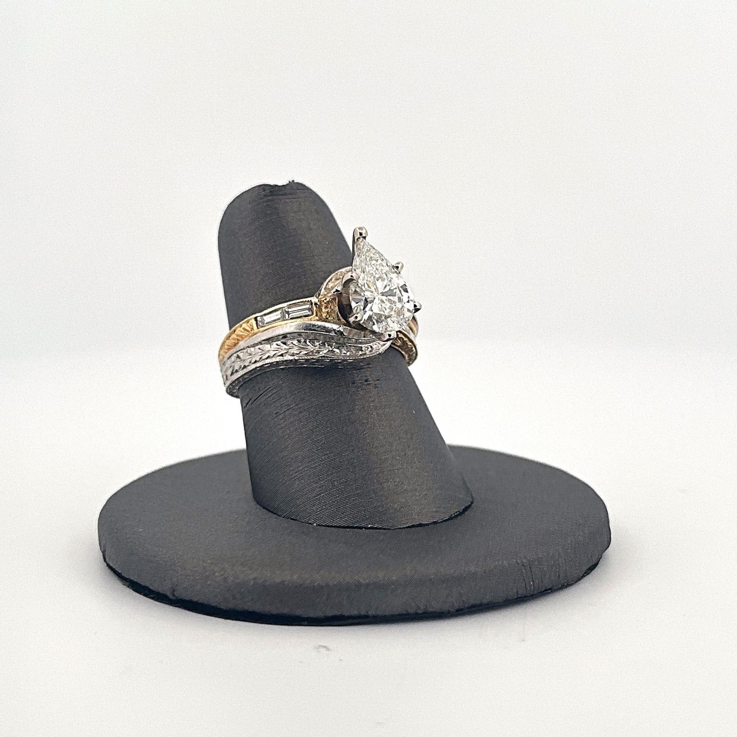 Two Tone Platinum and Yellow Gold Pear Shaped Diamond Engagement Ring