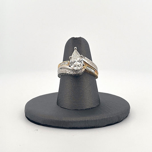 Two Tone Platinum and Yellow Gold Pear Shaped Diamond Engagement Ring