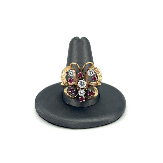 Yellow Gold Estate Butterfly Ruby and Diamond Ring